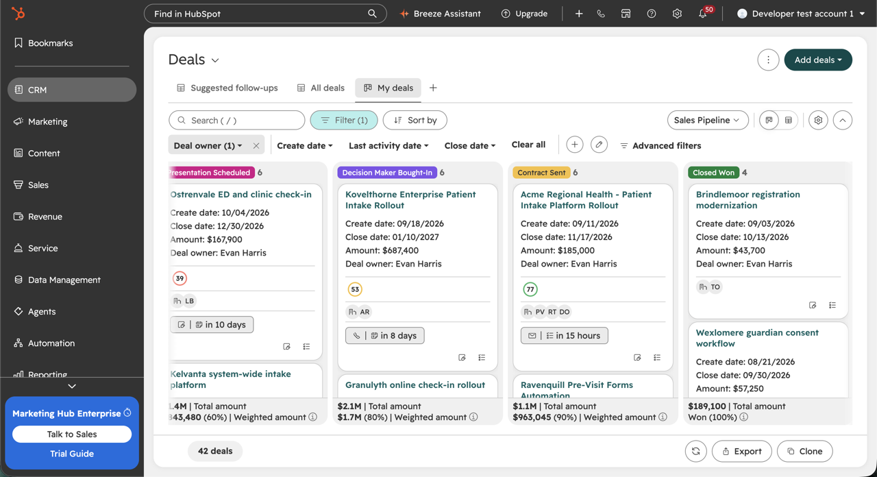 A HubSpot deals board seeded by the kit for the healthcare story: patient-intake deals across Presentation Scheduled, Decision Maker Bought-In, Contract Sent and Closed Won, each with upcoming activity
