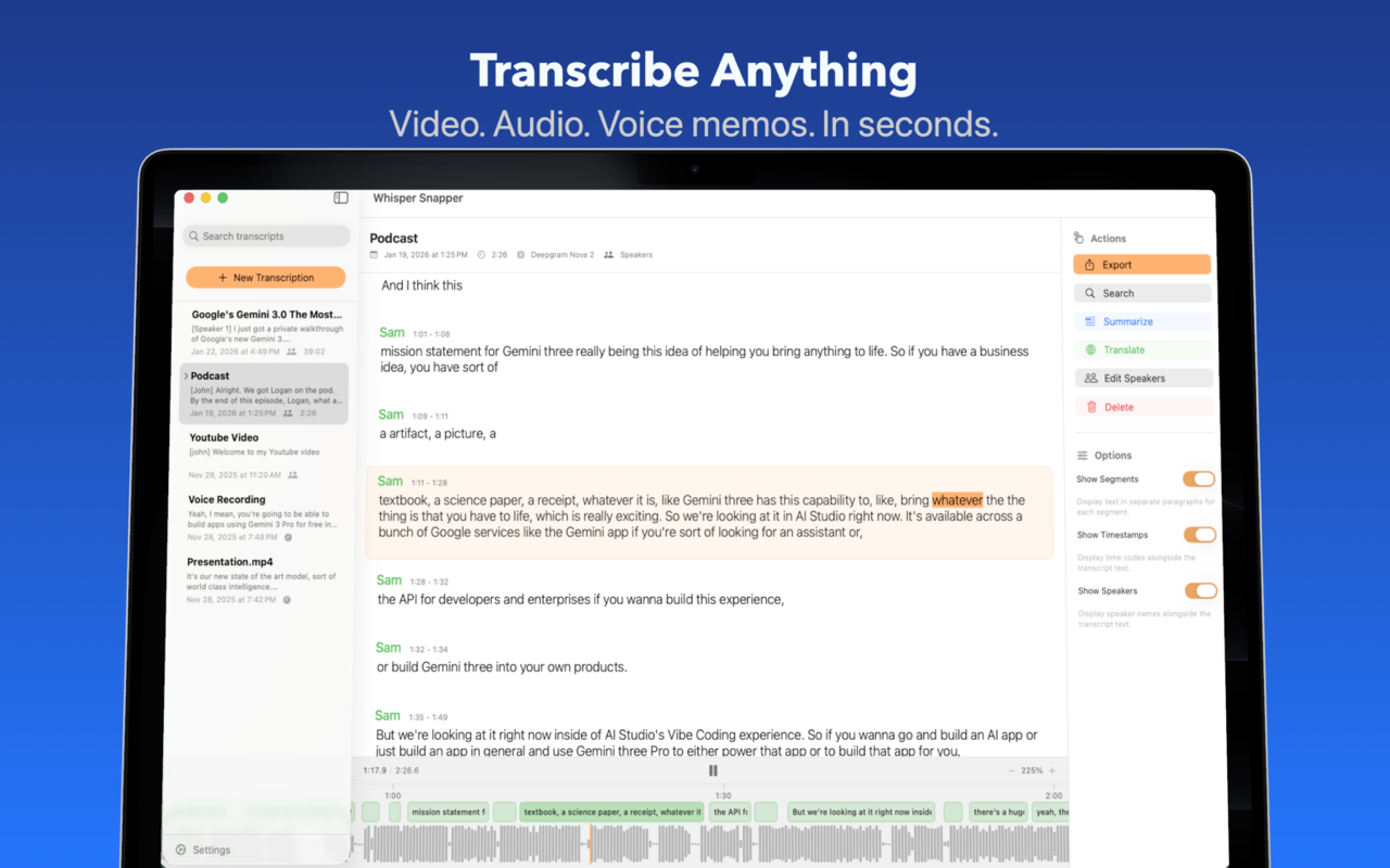 Whisper Snapper on a Mac, showing a transcript with speaker labels, timestamps, and a waveform timeline with an actions panel for export, search, summarize and translate